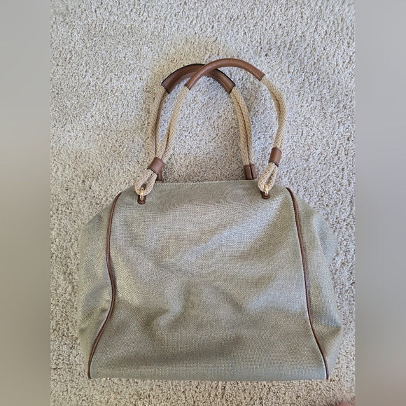 Michael Kors Large Purse Beige With Slight Shimmer Rope Handle Canvas Handbag - Picture 6 of 16